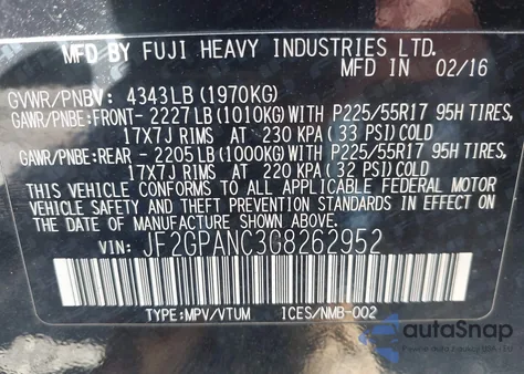 2016 Subaru Crosstrek 2.0I Limited z USA, uszkodzony, nr VIN JF2GPANC3G8262952